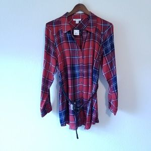 Motherhood Maternity Plaid Button Down Belt Tunic